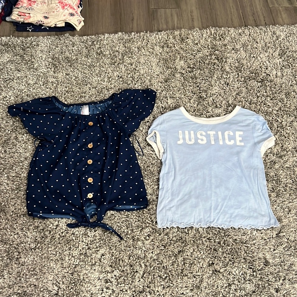 Light blue crop top and a dark blue off the shoulder top